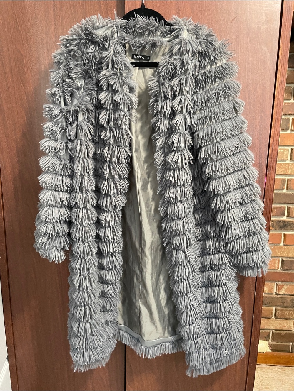 Boohoo Gray Tassel Fringe Faux-Fur Open Coat